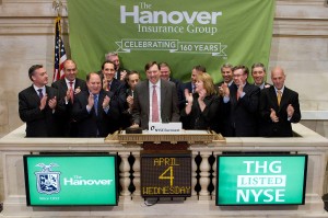 Hanover CEO Frederick Eppinger and other company executives at the ringing of the closing bell at the New York Stock Exchange on April 4, 2012. The insurer was celebrating its 160th year.