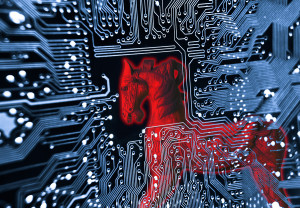 Trojan horse - symbol of a red trojan horse on blue computer circuit board background