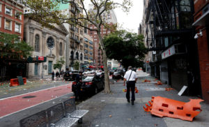 A view the street Sunday, Sept. 18, 2016, at the site of an explosion that occurred on Saturday night in the Chelsea neighborhood of New York. Numerous people were injured in blast, and the motive, while reportedly not international terrorism, is still being investigated. (Justin Lane/EPA via AP, Pool)