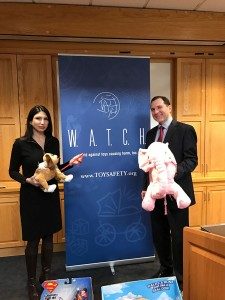Consumer Advocates Joan E. Siff, president of W.A.T.C.H., and James A. Swartz, trial attorney and director of W.A.T.C.H., demonstrated toy hazards available online and in retail stores so parents know what traps to avoid when buying toys. 
