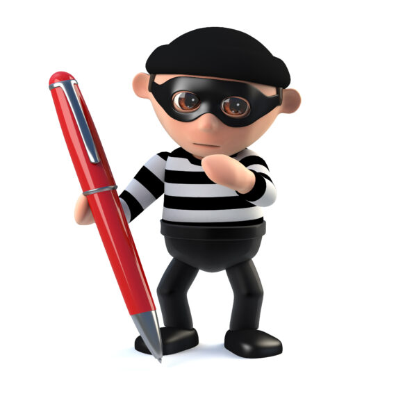 3d render of a burglar character holding a red pen.