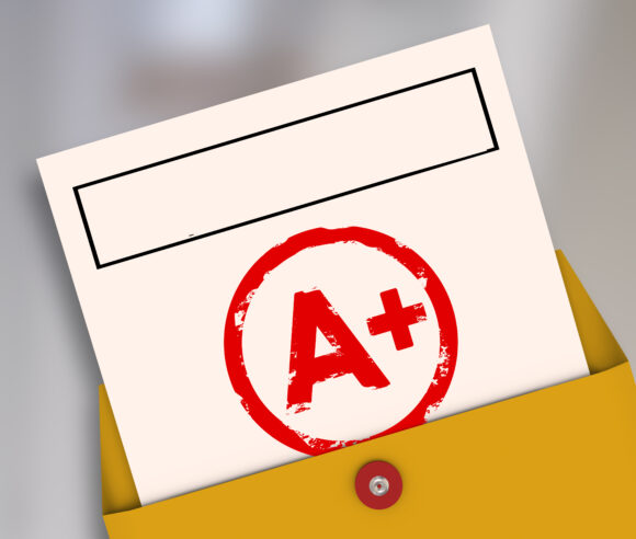 Report Card with A+ or Plus stamped on it within a yellow envelope to show your results, score, evlatuion, rating or review for a class or course