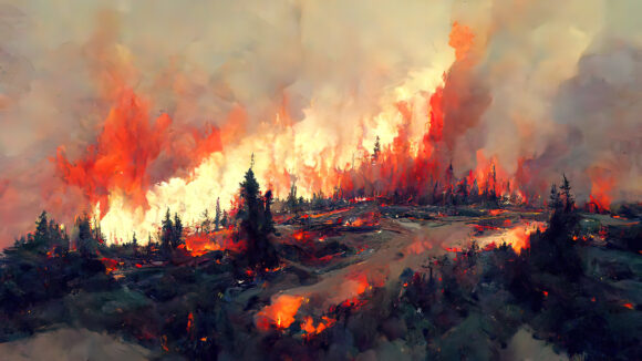 Wildfire, forest burning, 4k digital painting. Illustration of t