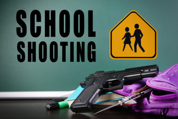 Backpack with gun and knife on table against blackboard. School shooting concept