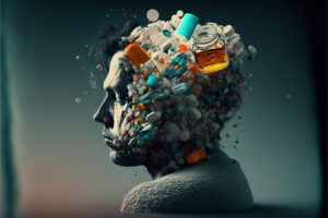 Concept of substance addiction with a central image depicting turmoil, grappling with the physical and emotional toll of addiction.The struggle and journey of individuals affected by the condition. Ai Generated.