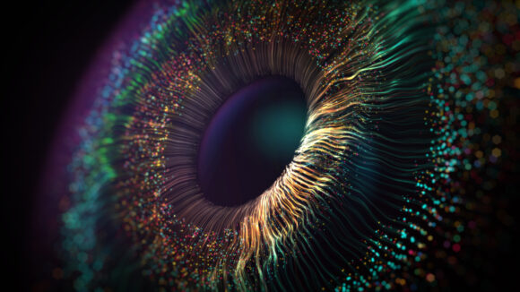 Human multicolored iris of the eye animation concept. Rainbow li