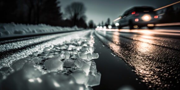Low Angle Closeup of Slippery Black Ice on the Highway or Road: