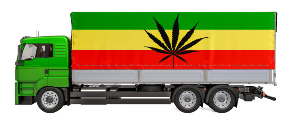 Smuggle of drugs concept. Truck with Rasta flag, 3D rendering