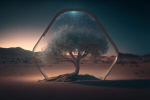 tree in a glass case in the middle of the desert, conceptual des