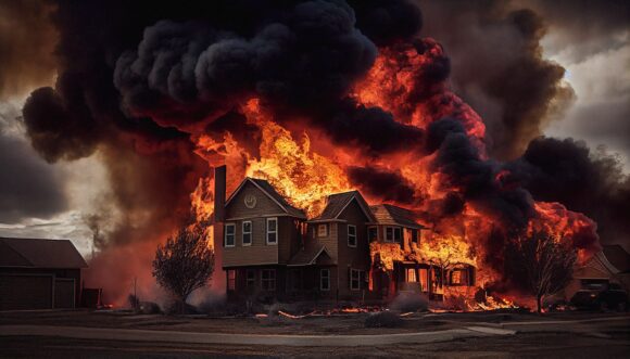fire burning front house promotional highly carnage drama, generative ai