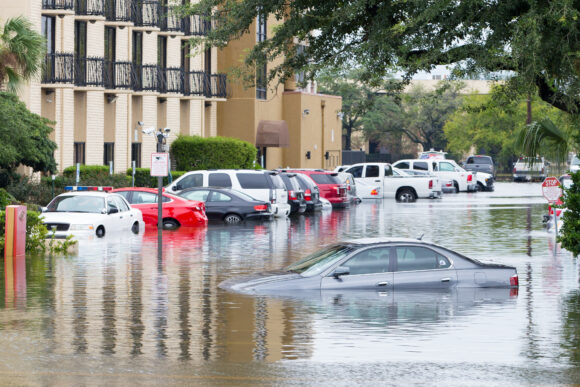 Cars submerged in Houston, Texas, US during hurricane Harvey. W