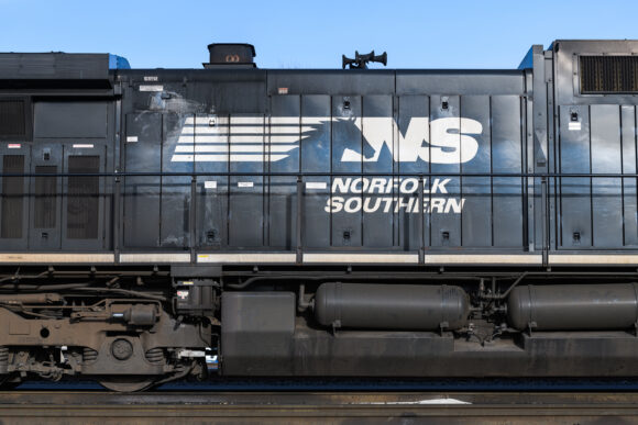 Seattle - February 23, 2022; Closeup view of name and logo on Norfolk Southen diesel locomotive in daylight