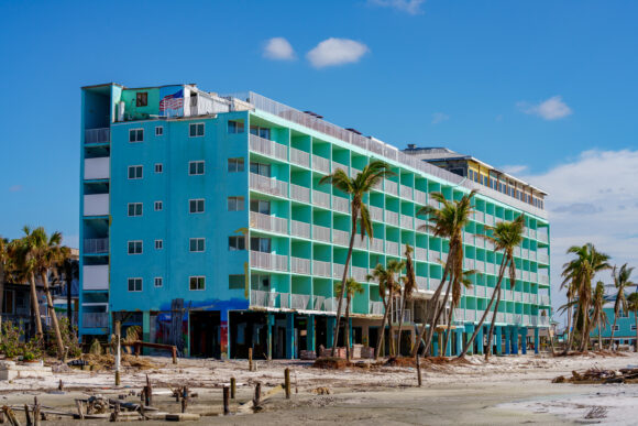 Fort Myers Beach, FL, USA - November 19, 2022: Beachfront hotel damaged and closed due to Hurricane Ian storm surge