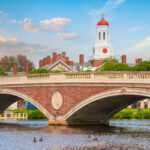 John W. Weeks vintage Bridge with clock tower over Charles River in Harvard University campus Boston, Massachusetts in USA