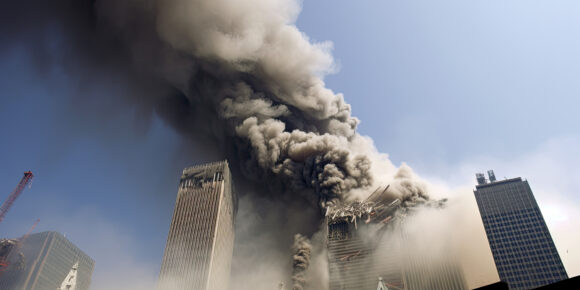 The twin towers collapsing in a devastating tragedy. Generative AI