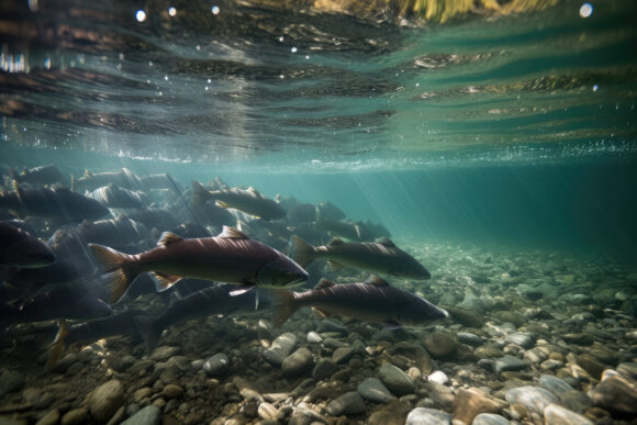 School of salmon fish in shallow river water migrating upstream