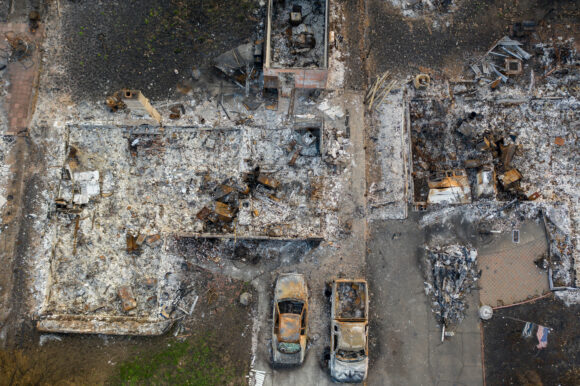 Aerial view of burned down houses from the 2020 Almeda wildfire