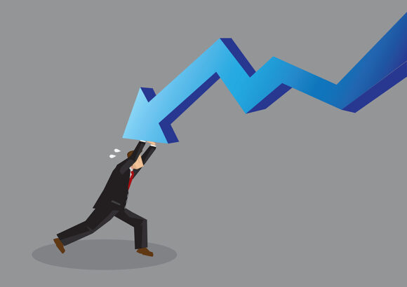 Cartoon businessman pushing back hard and resisting a bold descending arrow. Vector illustration on turning a business around concept isolated on grey background.