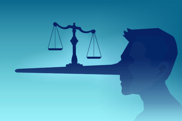 Legal fraud concept. Vector of a man head silhouette and a law scale being balanced on a long nose of a judge