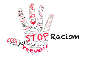 Outline of a hand with the words for Stop along with the word Racism
