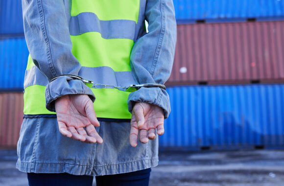 Hands, man and arrest of engineer in handcuffs for theft, crime or fraud. Corruption, law and logistics, shipping or container worker or criminal in hand cuffs arrested for bribery, scam or stealing