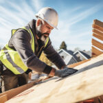 Mature man in hardhat is working on the construction of a wooden frame house. Male roofer is in the process of strengthening the wooden structures of the roof of a house.