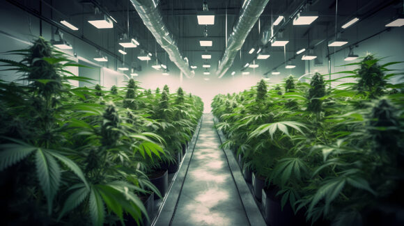 Cannabis farm indoor. Many marijuana plants stand side by side i