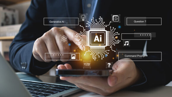 Businessman using laptop and smartphone chat with AI to connecting smart robot AI, enter command prompt for generate idea, prompt engineering, futuristic technology transformation, solve problem, SEO.