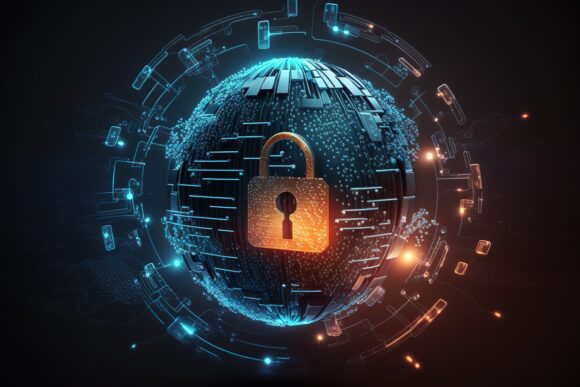 Cyber security technology and online data protection in innovative perception. Concept of technology for security of data storage used by global business network server to secure cyber information..