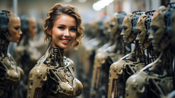 Enigmatic allure of a female robot: Beautiful woman robot in a factory assembly line. Ex Machina or Westword-inspired concept.