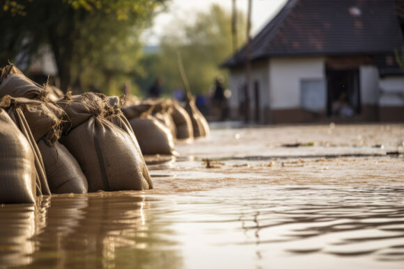 Close shot of flood Protection Sandbags with flooded homes in the background- Generative AI