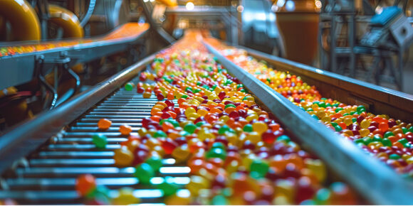 Colorful candy on conveyor belt for sweets manufacturing and dis