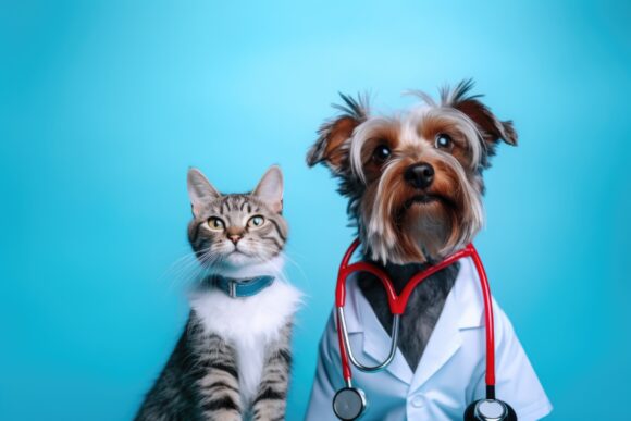 Cat and yorkshire terrier puppy. Cute photo of doctor dog and nurse cat on a blue background. Compassionate Care: A Glimpse into Animal Assistance at the Veterinary Clinic