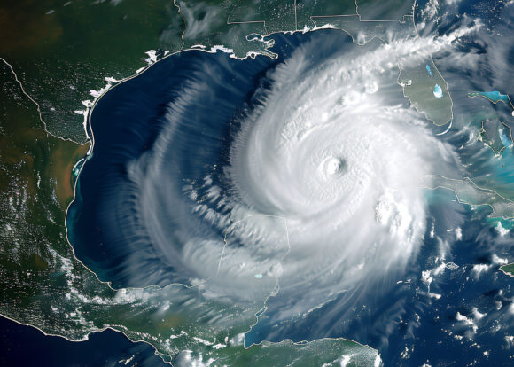 Satellite view, hurricane over the ocean, super Typhoon, tropica