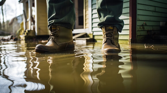 Man's feet wearing rubber boots stands in a flooded house