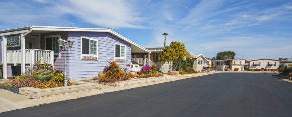 Oceano, California, USA - February 27, 2022. Mobile home park, age-restricted (55+) community in Oceano, California, street view