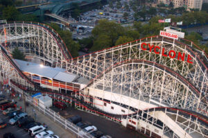 An aerial view of the Cyclone roller coaster in Coney Island, Brooklyn, New York