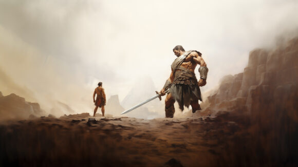 The story of David and Goliath from the Bible illustrates the triumph of faith and strength as the young shepherd defeats the giant, securing a remarkable victory.