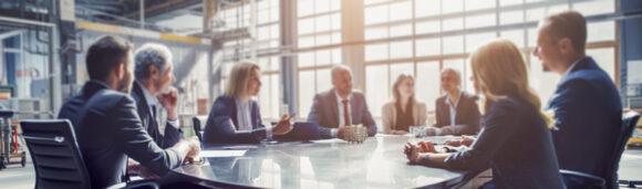 Panoramic view of business meeting in boardroom. Focus on office table and blurred people on backdrop. Big team team discussing work project. Horizontal banner with copy space. AI generative image.