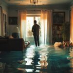 Man standing in flooded living room, natural disaster aftermath scene, photo illustration