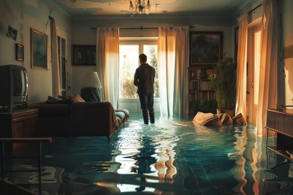 Man standing in flooded living room, natural disaster aftermath scene, photo illustration