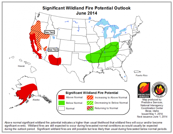 The National Significant Wildand Fire Potential Outlook for June issued by the NationalInteragency Center shows 