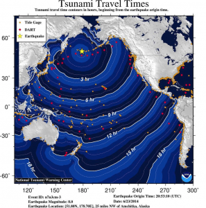A National Tsunami Warning Center graphic shows the wave travel times from an M8.0 earthquake that struck Alaska's Rat Islands on June 23.